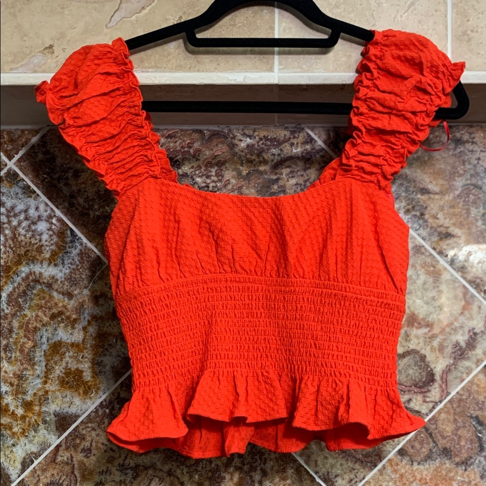 Lush Red Ruffled Smocked Sweetheart Neckline Candy Red Tie-Front Crop Top Size S - Picture 5 of 10